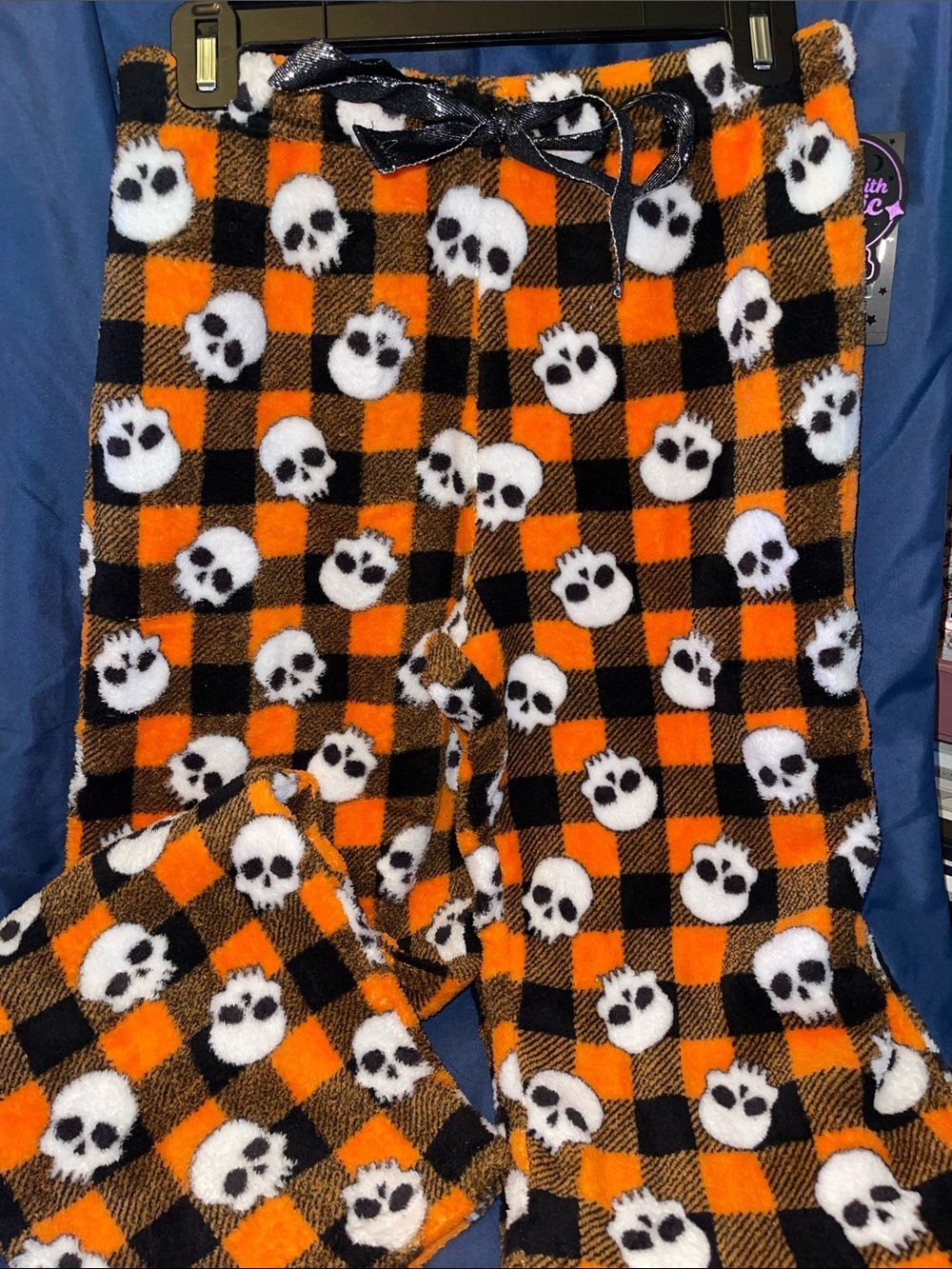 Women's Orange & Black Plaid Skull Fuzzy Pajama Pants